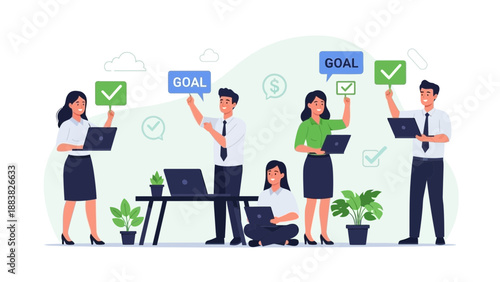 Teamwork achieving goals, successful business strategy, modern office illustration
