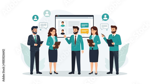 Teamwork and Collaboration in Business Meeting with Online Profiles