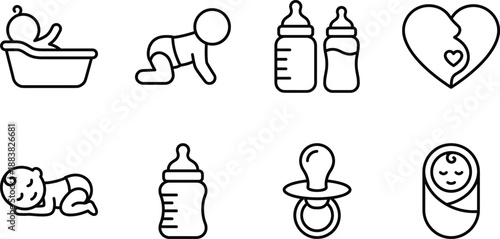 Baby Care and Newborn Essentials Icon Set Featuring Infant Bathtub Crawling Baby Feeding Bottles Pregnancy Heart Swaddled Newborn Pacifier and Nursery Childcare Medical Symbols