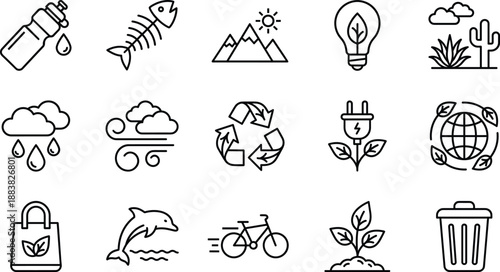 Environmental Sustainability Icon Set Featuring Renewable Energy Earth Globe Recycling Symbols Water Conservation Pollution Awareness Desert Climate Change and Eco Friendly Nature Protection Elements