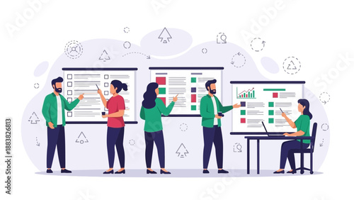 Teamwork business meeting with charts and graphs on whiteboards