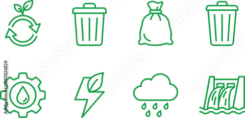 Green Environmental and Sustainability Icon Set Featuring Recycling Symbols Trash Cans Waste Bags Renewable Energy Hydroelectric Dam Rain Cloud and Eco Friendly Industrial Gear Elements