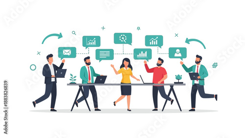 Teamwork business meeting, collaboration, data analysis, and communication icons