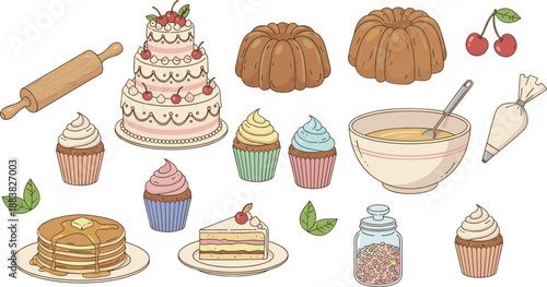 Baking and Dessert Illustration Set Featuring Layer Cake, Cupcakes, Bundt Cakes, Pancakes, Mixing Bowl, Pastry Bag, and Sweet Ingredients