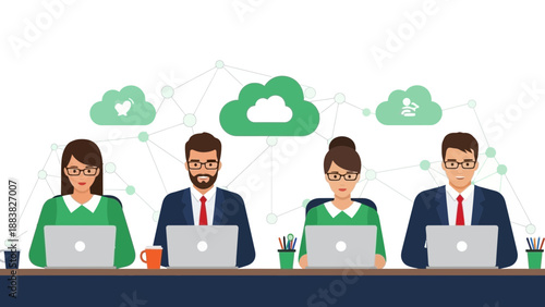 Teamwork in the cloud: Professionals collaborating on laptops with network connections