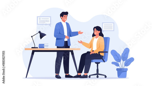 Business meeting: man and woman discussing in office, flat design