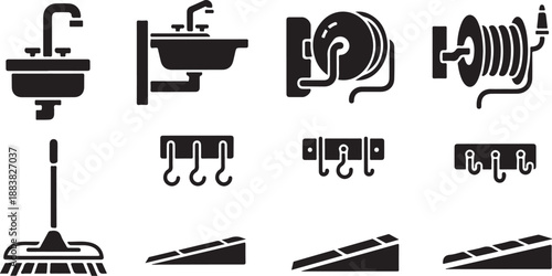 Black and white plumbing icons and symbols set collection