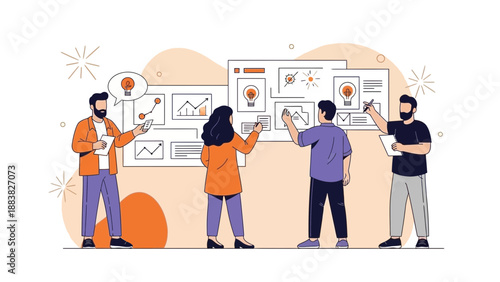 Teamwork strategy meeting, planning business growth on whiteboard