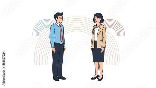 Business Meeting: Man and Woman in Professional Attire, Abstract Rainbow Background