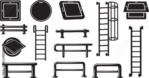 Black and white illustration of various ladders and railings