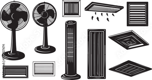 Various Air Conditioning and Fan Ventilation System Components Illustration
