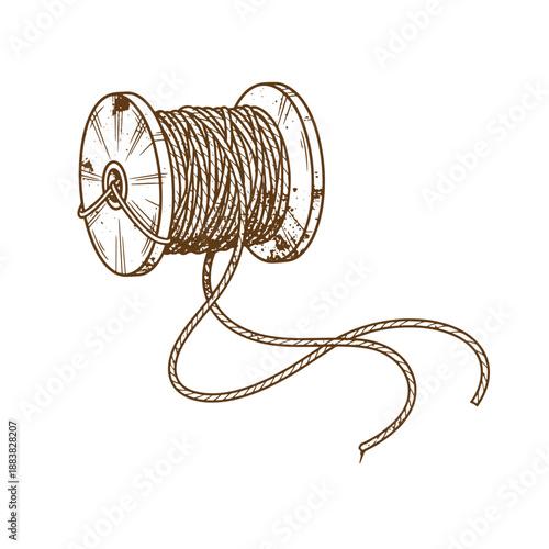Drawing Vintage grunge  texture Brown rope on a spool with loose ends  illustration of a coiled cord  rope spool  cord  twine