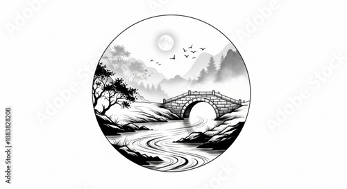 Traditional Chinese Ink Wash Landscape with Stone Arch Bridge, Flowing River, Mountains and Moon, Black and White