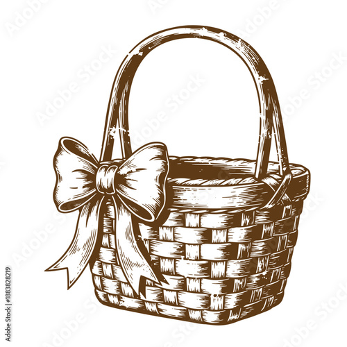 Drawing Vintage grunge  texture Brown wicker basket with handle and bow on the side for carrying gifts or food  traditional woven basketry