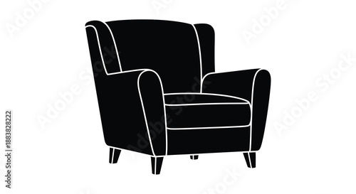 a simple black and white illustration depicts a classic armchair design showcasing a clean silhouette