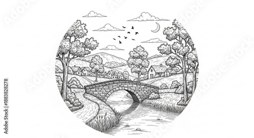 Stone Bridge Over Winding River in Rural Landscape Hand Drawn Illustration