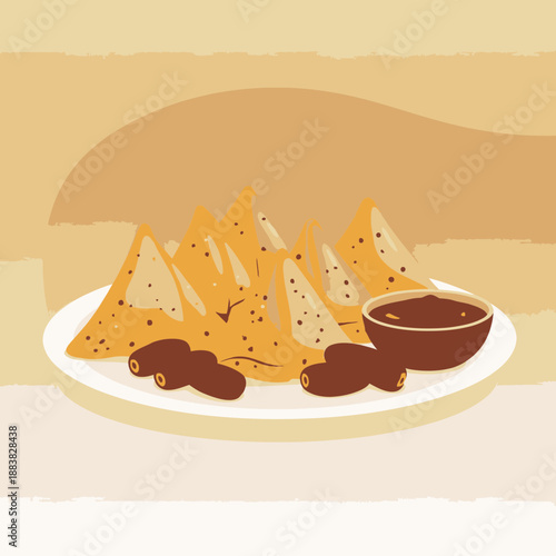 A plate of samosas with a side of chutney on a minimalist background