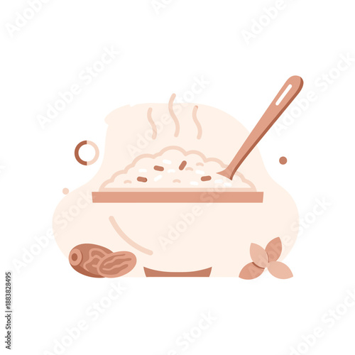 A vector graphic illustration of a bowl of oatmeal with nuts and a spoon