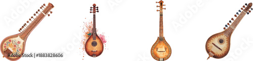 Watercolor set traditional Indian veena illustration. Isolated on white background