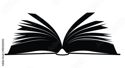 an open book illustration with detailed pages and a visible spine presented as a striking silhouette