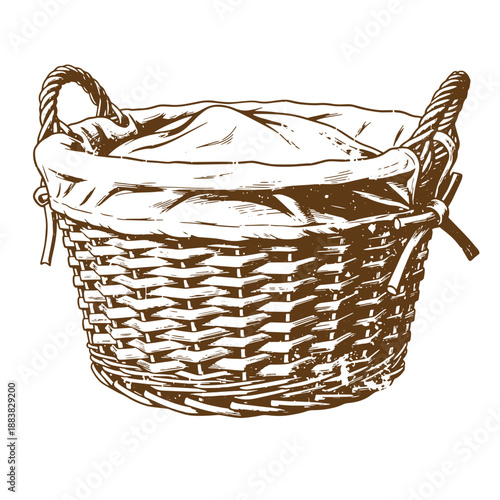 Drawing Vintage grunge  texture Brown wicker basket with handles and a cloth lining on white background