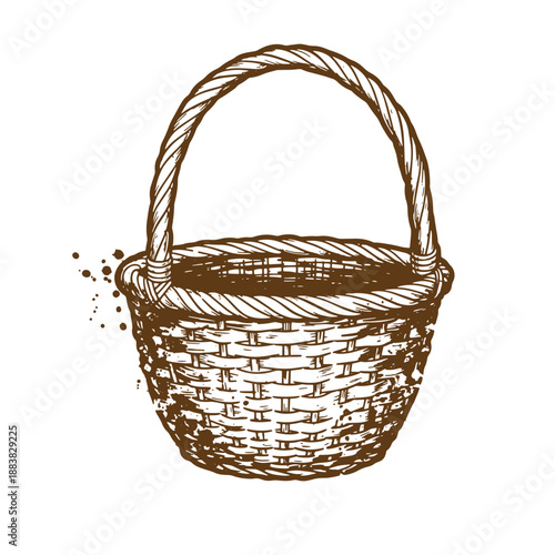 Drawing Vintage grunge  texture Brown wicker basket with handle on white background