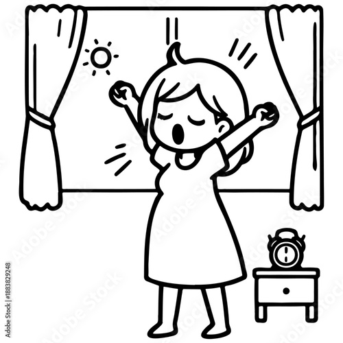 Woman Yawn Morning Wake Up Cartoon Illustration.