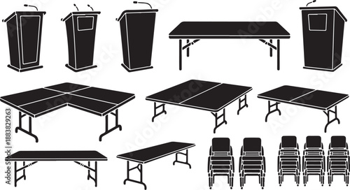 Furniture icons including tables, chairs, and podiums in black