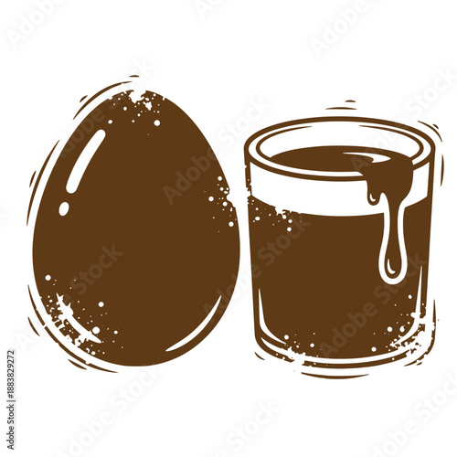 Drawing Vintage grunge  texture chocolate egg and glass of chocolate milk or cocoa drink on white background