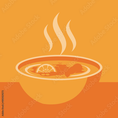 A steaming bowl of soup with a slice of lemon on a vibrant orange background