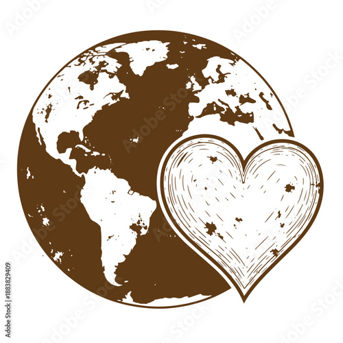 Drawing Vintage grunge  texture Earth planet with heart symbol on white background  love and care for the world concept