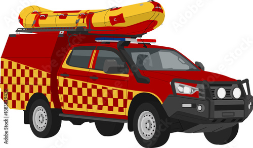 Vector Illustration of a Fire and Rescue Pickup Truck for Flood Response, Red Emergency Water Rescue Vehicle with Inflatable Boat