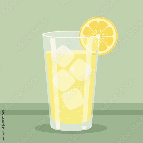 A refreshing glass of lemonade with ice cubes and a lemon slice on a green background
