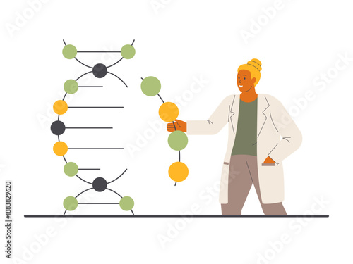 A scientist working with a DNA molecule, depicting concepts like genetic engineering or molecular biology. Research illustration. Flat vector concept.