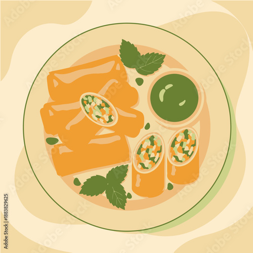 A vector graphic illustration of a plate of food with samosas and green sauce