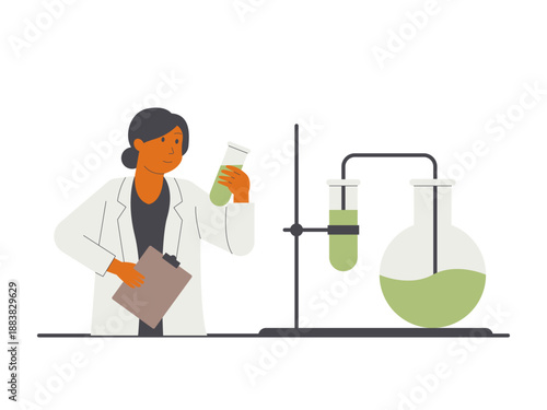 A female scientist conducting a chemistry experiment in a laboratory. Research illustration. Flat vector concept.