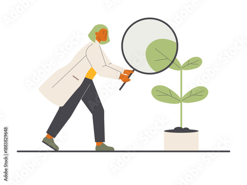 A scientist or biologist examining a young plant with a magnifying glass. Research illustration. Flat vector concept.