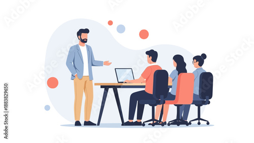 Business man leading training seminar for diverse team at modern office