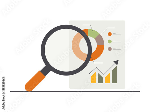 The process of reviewing and interpreting data using charts and a magnifying glass. Research illustration. Flat vector concept.