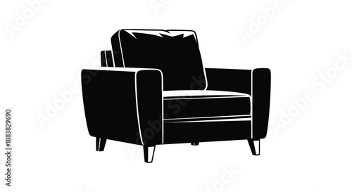 a stark black and white illustration depicting a single armchair design in a minimalist modern silhouette