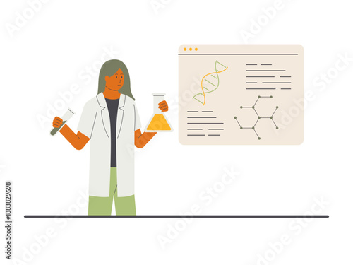 A female scientist or doctor conducting research or analysis in a laboratory setting. Research illustration. Flat vector concept.