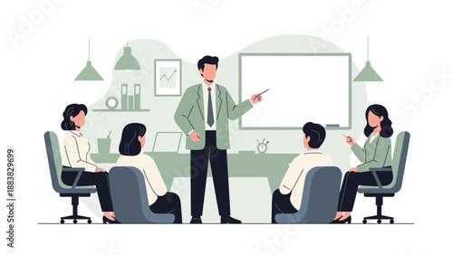Business meeting and presentation with whiteboard illustration