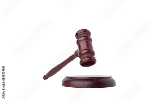 Judge's gavel hammer for adjudication isolated on white background. wooden auction hammer with a wooden stand. law and justice concept.