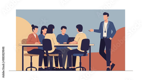 Business meeting illustration: diverse team collaborating with leader presenting ideas