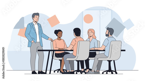Business meeting illustration in modern office, diverse team collaborating