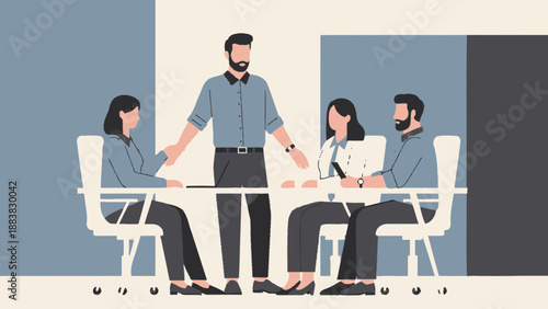 Business Meeting: Leader Directing Team Around Table, Flat Design