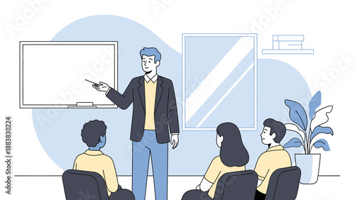 Business meeting lecture, teacher instructing students in a classroom, presentation