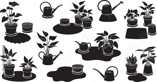 Black and white illustration of potted plants and watering cans