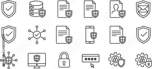 Set of cyber security and data protection linear icons featuring shield security, database protection, secure documents, and password safety symbols.