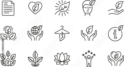 Set of eco-friendly thin line icons featuring green leaves, nature conservation, sustainable organic products and environmental protection symbols.
